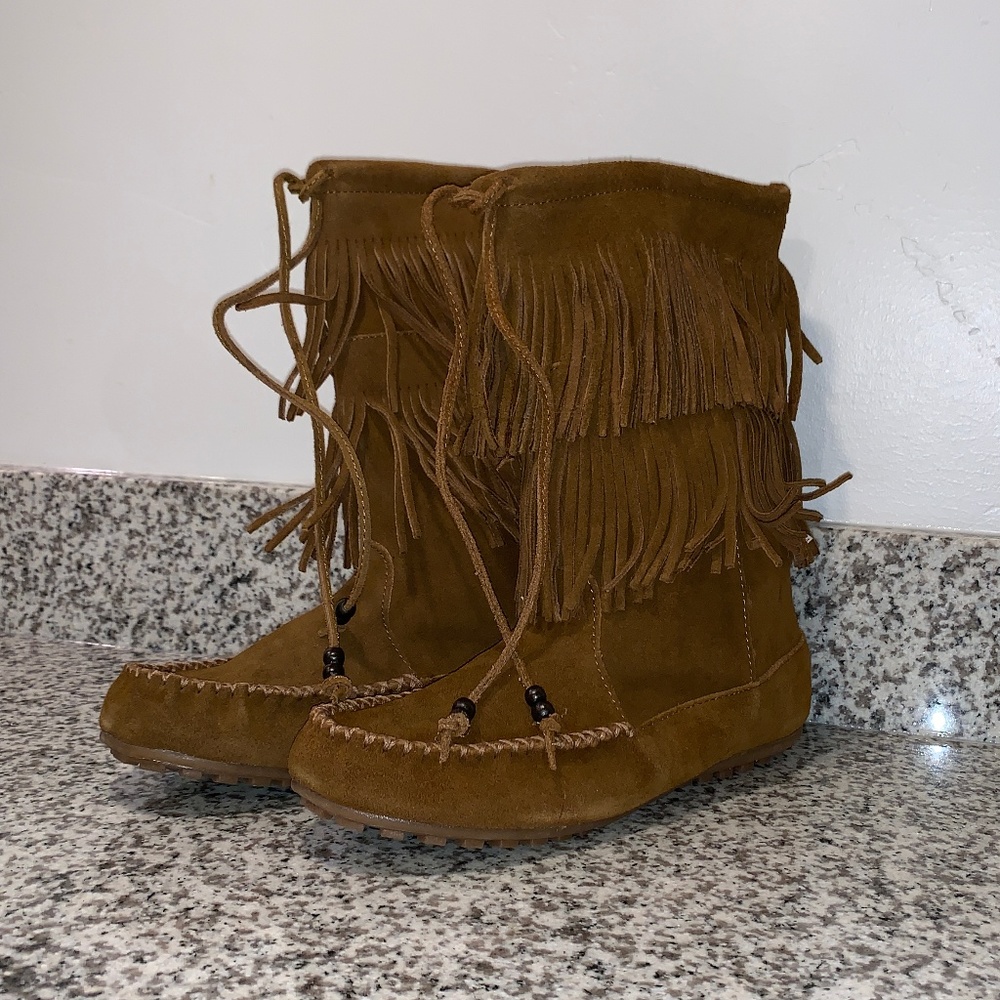 Minnetonka Double Fringe Dust Brown Boots Size 10